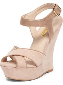 Nude Curved Back Wedges - predominant colour: nude; secondary colour: taupe; occasions: evening, occasion, holiday; material: faux leather; ankle detail: ankle strap; heel: wedge; toe: open toe/peeptoe; style: strappy; finish: plain; pattern: plain; heel height: very high