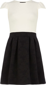 Cream And Black Embossed Dress - sleeve style: capped; style: full skirt; waist detail: fitted waist; predominant colour: white; secondary colour: black; occasions: evening, work; length: just above the knee; fit: fitted at waist & bust; fibres: cotton - stretch; neckline: crew; hip detail: structured pleats at hip; sleeve length: short sleeve; pattern type: fabric; pattern size: standard; pattern: colourblock; texture group: jersey - stretchy/drapey