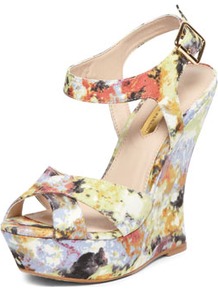 Floral Print Curved Wedges - occasions: evening, occasion, holiday; predominant colour: multicoloured; material: fabric; ankle detail: ankle strap; heel: wedge; toe: open toe/peeptoe; style: strappy; finish: plain; pattern: florals; heel height: very high