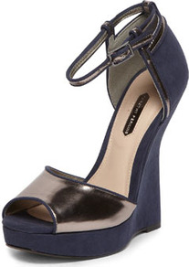 Navy Curve Back Wedges - predominant colour: navy; secondary colour: bronze; occasions: evening, occasion; material: suede; ankle detail: ankle strap; heel: wedge; toe: open toe/peeptoe; style: standard; trends: metallics; finish: metallic; pattern: plain; heel height: very high