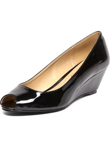 Black Patent Low Wedges - predominant colour: black; occasions: casual, evening, work; material: faux leather; heel height: mid; heel: wedge; toe: open toe/peeptoe; style: courts; finish: patent; pattern: plain