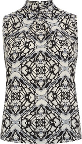 Monochrome Print Shell Top - neckline: shirt collar/peter pan/zip with opening; sleeve style: sleeveless; style: shirt; secondary colour: white; predominant colour: black; occasions: casual, evening, work, holiday; length: standard; fibres: polyester/polyamide - 100%; fit: body skimming; sleeve length: sleeveless; pattern type: fabric; pattern size: small & busy; pattern: patterned/print; texture group: jersey - stretchy/drapey