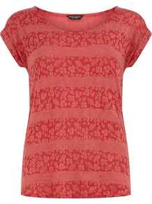 Red Lace Stripe Tee - style: t-shirt; predominant colour: true red; occasions: casual, holiday; length: standard; fibres: polyester/polyamide - stretch; fit: body skimming; neckline: crew; sleeve length: short sleeve; sleeve style: standard; pattern type: fabric; pattern size: small & busy; pattern: patterned/print; texture group: jersey - stretchy/drapey