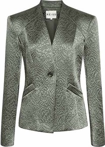 Yenes Jacquard Jacket - pattern: plain; style: single breasted blazer; collar: shawl/waterfall; predominant colour: sage; occasions: casual, evening, work, occasion; length: standard; fit: tailored/fitted; fibres: polyester/polyamide - mix; sleeve length: long sleeve; sleeve style: standard; collar break: medium; pattern type: fabric; texture group: brocade/jacquard
