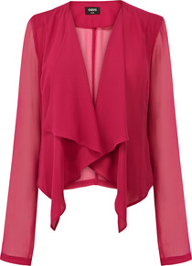 Soft Blouse Jacket - pattern: plain; style: single breasted blazer; collar: shawl/waterfall; predominant colour: hot pink; occasions: casual, evening, occasion; length: standard; fit: tailored/fitted; fibres: polyester/polyamide - 100%; sleeve length: long sleeve; sleeve style: standard; texture group: sheer fabrics/chiffon/organza etc.; collar break: low/open; pattern type: fabric