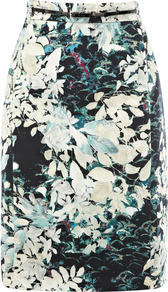Lucia Skirt - style: pencil; fit: tailored/fitted; waist detail: belted waist/tie at waist/drawstring; waist: mid/regular rise; secondary colour: white; predominant colour: dark green; occasions: evening, work; length: just above the knee; fibres: cotton - stretch; texture group: cotton feel fabrics; trends: high impact florals; pattern type: fabric; pattern size: big & busy; pattern: florals