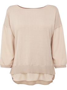 Mixed Fabric Sweater - neckline: round neck; pattern: plain; style: standard; predominant colour: nude; occasions: casual; length: standard; fibres: cotton - mix; fit: standard fit; back detail: longer hem at back than at front; sleeve length: 3/4 length; sleeve style: standard; texture group: knits/crochet; pattern type: knitted - fine stitch