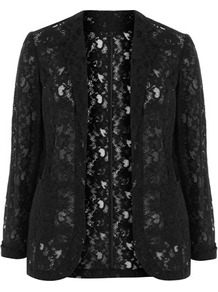 Black Lace Jacket - pattern: plain; style: single breasted blazer; collar: shawl/waterfall; fit: loose; predominant colour: black; occasions: casual, evening, occasion; length: standard; fibres: cotton - mix; sleeve length: long sleeve; sleeve style: standard; texture group: lace; collar break: low/open; pattern type: fabric