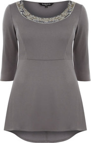 Scarlett & Jo Grey Peplum Embellished Top - neckline: round neck; pattern: plain; bust detail: added detail/embellishment at bust; length: below the bottom; waist detail: peplum waist detail; predominant colour: taupe; occasions: casual, evening, work; style: top; fibres: polyester/polyamide - mix; fit: body skimming; back detail: longer hem at back than at front; sleeve length: half sleeve; sleeve style: standard; pattern type: fabric; texture group: jersey - stretchy/drapey; embellishment: beading