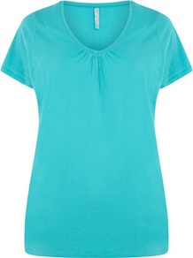 Turquoise V Neck T Shirt - neckline: v-neck; pattern: plain; style: t-shirt; predominant colour: turquoise; occasions: casual, holiday; length: standard; fibres: cotton - 100%; fit: body skimming; sleeve length: short sleeve; sleeve style: standard; pattern type: fabric; texture group: jersey - stretchy/drapey
