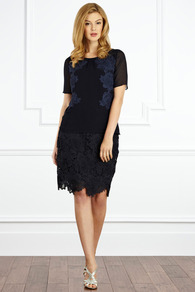 Vivianna Lace Top - neckline: round neck; pattern: plain; style: blouse; predominant colour: navy; secondary colour: navy; occasions: evening; length: standard; fibres: polyester/polyamide - 100%; fit: straight cut; sleeve length: short sleeve; sleeve style: standard; texture group: sheer fabrics/chiffon/organza etc.; pattern type: fabric; embellishment: lace
