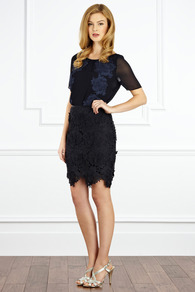 Vivianna Lace Skirt - pattern: plain; style: pencil; fit: body skimming; waist: mid/regular rise; predominant colour: black; occasions: evening; length: just above the knee; fibres: polyester/polyamide - 100%; waist detail: narrow waistband; texture group: lace; pattern type: fabric