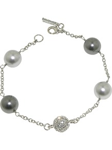 Rhodium Plated Pearl And Pave Swarovski Ball Bracelet, Silver - predominant colour: silver; occasions: evening, work, occasion; style: chain; size: small/fine; material: chain/metal; finish: metallic; embellishment: pearls