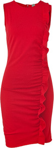 Scarlet Melodico Sheath Dress - style: shift; pattern: plain; sleeve style: sleeveless; waist detail: twist front waist detail/nipped in at waist on one side/soft pleats/draping/ruching/gathering waist detail; predominant colour: true red; occasions: evening, occasion; length: just above the knee; fit: body skimming; neckline: crew; sleeve length: sleeveless; texture group: cotton feel fabrics; trends: glamorous day shifts; bust detail: tiers/frills/bulky drapes/pleats; pattern type: fabric; fibres: viscose/rayon - mix