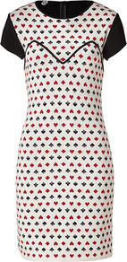 Black/White/Red Wool Playing Card Mitteza Dress - style: shift; length: mid thigh; fit: tailored/fitted; predominant colour: white; secondary colour: true red; occasions: evening, work; fibres: wool - 100%; neckline: crew; sleeve length: short sleeve; sleeve style: standard; texture group: cotton feel fabrics; trends: glamorous day shifts; pattern type: fabric; pattern size: small & busy; pattern: patterned/print