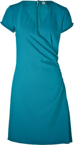 Turquoise Narcissia Dress - style: faux wrap/wrap; length: mid thigh; neckline: v-neck; fit: fitted at waist; pattern: plain; waist detail: twist front waist detail/nipped in at waist on one side/soft pleats/draping/ruching/gathering waist detail; predominant colour: turquoise; occasions: evening, work, occasion; fibres: polyester/polyamide - 100%; sleeve length: short sleeve; sleeve style: standard; texture group: cotton feel fabrics; trends: glamorous day shifts; pattern type: fabric