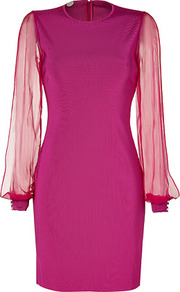 Fuchsia Knit Myrrhe Combo Dress - style: shift; length: mid thigh; fit: tailored/fitted; pattern: plain; sleeve style: balloon; shoulder detail: contrast pattern/fabric at shoulder; predominant colour: magenta; occasions: evening, occasion; fibres: viscose/rayon - 100%; neckline: crew; sleeve length: long sleeve; texture group: structured shiny - satin/tafetta/silk etc.; pattern type: fabric