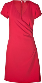 Cherry Red Narcissia Dress - style: faux wrap/wrap; neckline: low v-neck; fit: tailored/fitted; pattern: plain; waist detail: fitted waist; predominant colour: hot pink; occasions: evening, work, occasion; length: just above the knee; fibres: polyester/polyamide - 100%; sleeve length: short sleeve; sleeve style: standard; trends: glamorous day shifts; pattern type: fabric; texture group: other - light to midweight