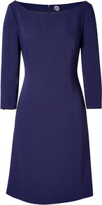 Ink Blue Naissa Dress - style: shift; neckline: slash/boat neckline; fit: tailored/fitted; pattern: plain; predominant colour: navy; occasions: evening, work, occasion; length: on the knee; fibres: polyester/polyamide - 100%; sleeve length: 3/4 length; sleeve style: standard; texture group: crepes; trends: glamorous day shifts; pattern type: fabric