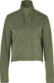 Desert Green Cotton Mauritius Jacket - pattern: plain; style: cropped; length: cropped; collar: high neck; predominant colour: khaki; occasions: casual; fit: straight cut (boxy); fibres: cotton - stretch; sleeve length: long sleeve; sleeve style: standard; texture group: cotton feel fabrics; collar break: high; pattern type: fabric
