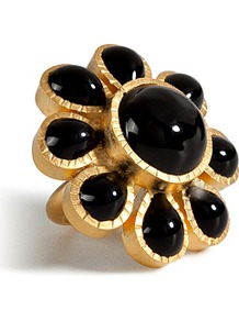 Gold Plated Ring With Black Glass Stones - predominant colour: black; occasions: casual, evening, work, occasion; style: cocktail; size: large/oversized; material: chain/metal; finish: plain; embellishment: jewels