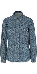 Blue Leopard Print Denim Shirt - neckline: shirt collar/peter pan/zip with opening; length: below the bottom; style: shirt; predominant colour: denim; occasions: casual; fibres: cotton - 100%; fit: loose; back detail: embellishment at back; sleeve length: long sleeve; sleeve style: standard; texture group: denim; pattern type: fabric; pattern size: standard; pattern: animal print; embellishment: studs