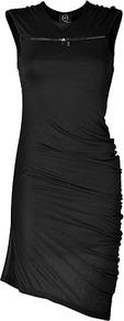 Black Asymmetrical Jersey Dress - neckline: v-neck; fit: tight; pattern: plain; sleeve style: sleeveless; style: bodycon; waist detail: fitted waist; bust detail: buttons at bust (in middle at breastbone)/zip detail at bust; predominant colour: black; occasions: evening; length: just above the knee; fibres: polyester/polyamide - 100%; sleeve length: sleeveless; texture group: jersey - clingy; pattern type: fabric