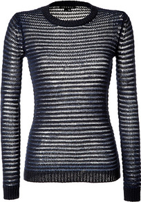 Deep Navy/Navy Cotton Camille Pullover - pattern: horizontal stripes; style: standard; predominant colour: navy; occasions: casual; length: standard; fibres: cotton - mix; fit: slim fit; neckline: crew; sleeve length: long sleeve; sleeve style: standard; pattern type: fabric; texture group: suede
