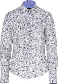 White/Light Blue/Black Cotton Flower Print Shirt - neckline: shirt collar/peter pan/zip with opening; style: shirt; predominant colour: pale blue; occasions: work; length: standard; fibres: cotton - 100%; fit: straight cut; sleeve length: long sleeve; sleeve style: standard; texture group: cotton feel fabrics; pattern type: fabric; pattern size: small & busy; pattern: florals