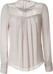 Sea Shell Sheered Top - neckline: round neck; pattern: plain; style: blouse; shoulder detail: contrast pattern/fabric at shoulder; predominant colour: stone; occasions: evening, work; length: standard; fibres: viscose/rayon - 100%; fit: straight cut; sleeve length: long sleeve; sleeve style: standard; texture group: sheer fabrics/chiffon/organza etc.; bust detail: tiers/frills/bulky drapes/pleats; pattern type: fabric; embellishment: lace