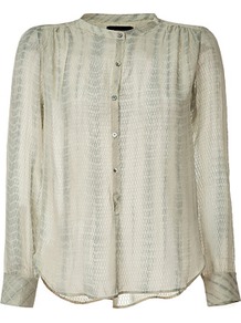 Grey Tie Dyed Tacko Silk Top - style: blouse; predominant colour: light grey; occasions: casual, evening; length: standard; neckline: collarstand; fibres: silk - 100%; fit: loose; shoulder detail: flat/draping pleats/ruching/gathering at shoulder; sleeve length: long sleeve; sleeve style: standard; texture group: silky - light; pattern type: fabric; pattern size: small & light; pattern: patterned/print