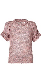 Red Multi Cotton Blend Knit Top - sleeve style: raglan; length: below the bottom; occasions: casual; style: top; fibres: cotton - mix; fit: body skimming; neckline: crew; predominant colour: multicoloured; sleeve length: half sleeve; texture group: knits/crochet; pattern type: knitted - big stitch; pattern size: standard; pattern: patterned/print