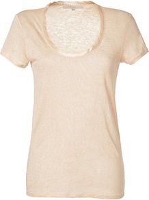 Beige Rose Linen Top - pattern: plain; length: below the bottom; style: t-shirt; predominant colour: blush; occasions: casual, work; neckline: scoop; fibres: linen - 100%; fit: body skimming; sleeve length: short sleeve; sleeve style: standard; pattern type: fabric; texture group: jersey - stretchy/drapey
