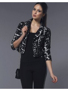 Darling Taylor Biker Zipped Jacket - style: biker; collar: asymmetric biker; length: cropped; fit: slim fit; secondary colour: ivory; predominant colour: black; occasions: evening, occasion; fibres: cotton - stretch; sleeve length: 3/4 length; sleeve style: standard; texture group: lace; collar break: medium; pattern type: fabric; pattern size: small & busy; pattern: patterned/print
