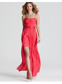 Gown Spaghetti Strap Cutout - style: ballgown; sleeve style: spaghetti straps; pattern: plain; length: ankle length; waist detail: embellishment at waist/feature waistband; neckline: sweetheart; bust detail: ruching/gathering/draping/layers/pintuck pleats at bust; predominant colour: coral; occasions: evening, occasion; fit: fitted at waist & bust; fibres: polyester/polyamide - 100%; hip detail: soft pleats at hip/draping at hip/flared at hip; back detail: longer hem at back than at front; sleeve length: sleeveless; texture group: sheer fabrics/chiffon/organza etc.; pattern type: fabric; embellishment: beading