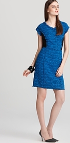 Shift Dress Tweed V - style: shift; length: mid thigh; neckline: v-neck; sleeve style: capped; fit: tailored/fitted; waist detail: fitted waist; predominant colour: diva blue; secondary colour: black; occasions: evening, work; fibres: cotton - mix; sleeve length: sleeveless; pattern type: fabric; pattern size: standard; pattern: patterned/print; texture group: tweed - bulky/heavy