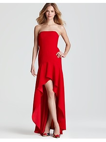 Strapless Dress High Low - length: mid thigh; neckline: strapless (straight/sweetheart); fit: tailored/fitted; pattern: plain; sleeve style: strapless; waist detail: fitted waist; predominant colour: true red; occasions: evening, occasion; style: asymmetric (hem); fibres: polyester/polyamide - 100%; hip detail: soft pleats at hip/draping at hip/flared at hip; back detail: longer hem at back than at front; sleeve length: sleeveless; texture group: crepes; pattern type: fabric