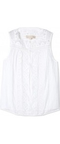 Embroidered Cotton Top - neckline: high square neck; pattern: plain; sleeve style: sleeveless; bust detail: ruching/gathering/draping/layers/pintuck pleats at bust; predominant colour: white; occasions: casual, evening, work, holiday; length: standard; style: top; fibres: cotton - mix; fit: body skimming; shoulder detail: added shoulder detail; back detail: embellishment at back; sleeve length: sleeveless; texture group: cotton feel fabrics; pattern type: fabric; pattern size: small & light; embellishment: embroidered