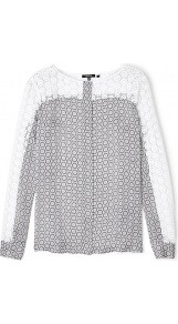 Boat Neck Lace And Geometric Print Blouse - style: blouse; predominant colour: light grey; occasions: casual, work; length: standard; fibres: silk - 100%; fit: straight cut; neckline: crew; sleeve length: long sleeve; sleeve style: standard; texture group: lace; pattern type: fabric; pattern size: standard; pattern: patterned/print