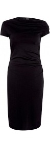 Black Exclusive Maria Wool Interlock Dress - style: shift; neckline: slash/boat neckline; fit: tailored/fitted; pattern: plain; predominant colour: black; occasions: evening, work; length: on the knee; fibres: wool - 100%; sleeve length: short sleeve; sleeve style: standard; trends: glamorous day shifts; pattern type: fabric; pattern size: standard; texture group: other - light to midweight