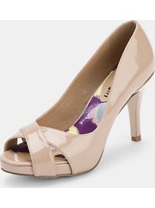 Gertie Peeptoe Court Shoes Nude Patent - predominant colour: nude; occasions: evening, work, occasion, holiday; material: faux leather; heel height: mid; heel: stiletto; toe: open toe/peeptoe; style: courts; finish: patent; pattern: plain
