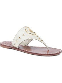 Dale Leather Sandals - predominant colour: ivory; secondary colour: gold; occasions: casual, holiday; material: leather; heel height: flat; embellishment: studs; heel: standard; toe: toe thongs; style: flip flops / toe post; finish: plain; pattern: plain