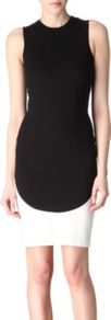 Sleeveless Contrast Dress - style: shift; fit: tight; sleeve style: sleeveless; waist detail: fitted waist; predominant colour: black; occasions: evening, work, occasion; length: just above the knee; fibres: cotton - stretch; neckline: crew; hip detail: contrast fabric/print detail at hip; sleeve length: sleeveless; texture group: jersey - clingy; trends: glamorous day shifts; pattern type: fabric; pattern size: standard; pattern: colourblock
