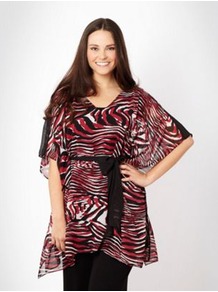 Pink Zebra Printed Kaftan - neckline: v-neck; sleeve style: dolman/batwing; style: kaftan; waist detail: belted waist/tie at waist/drawstring; predominant colour: pink; secondary colour: black; occasions: casual, evening, holiday; fibres: polyester/polyamide - 100%; fit: loose; length: mid thigh; sleeve length: half sleeve; texture group: sheer fabrics/chiffon/organza etc.; trends: statement prints, volume; pattern type: fabric; pattern size: standard; pattern: animal print