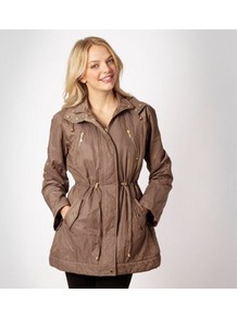 Taupe Metallic Parka Jacket - pattern: plain; length: below the bottom; collar: funnel; back detail: hood; fit: slim fit; predominant colour: taupe; occasions: casual, work; fibres: cotton - mix; waist detail: belted waist/tie at waist/drawstring; sleeve length: long sleeve; sleeve style: standard; texture group: waxed cotton; trends: metallics; collar break: high/illusion of break when open; pattern type: fabric
