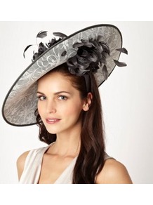 Dark Grey Lace Saucer Hair Piece - secondary colour: ivory; predominant colour: charcoal; occasions: occasion; type of pattern: light; style: wide brimmed; size: large; material: lace; pattern: plain; embellishment: lace