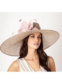 Natural Asymmetric Floral Saucer Hat - predominant colour: taupe; occasions: evening, occasion, holiday; type of pattern: light; style: wide brimmed; size: large; material: macrame/raffia/straw; pattern: plain; embellishment: corsage