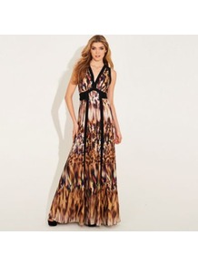 Animal Print Panelled Olympia Maxi Dress - neckline: low v-neck; fit: fitted at waist; sleeve style: sleeveless; style: maxi dress; predominant colour: tan; occasions: casual, evening, occasion, holiday; length: floor length; fibres: polyester/polyamide - 100%; hip detail: soft pleats at hip/draping at hip/flared at hip; sleeve length: sleeveless; texture group: silky - light; trends: statement prints; pattern type: fabric; pattern size: big & busy; pattern: animal print