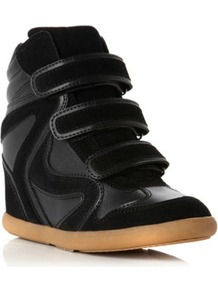 Black Plain Synthetic Lou Lou Head Over Heels Wedge Trainer - predominant colour: black; occasions: casual; material: faux leather; heel height: high; heel: wedge; toe: round toe; boot length: ankle boot; style: high top; finish: plain; pattern: plain