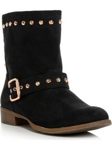 Black Micro Fibre Preeda Head Over Heels Studded Biker Boot - predominant colour: black; occasions: casual; material: faux leather; heel height: flat; embellishment: studs; heel: standard; toe: round toe; boot length: ankle boot; style: biker boot; finish: plain; pattern: plain